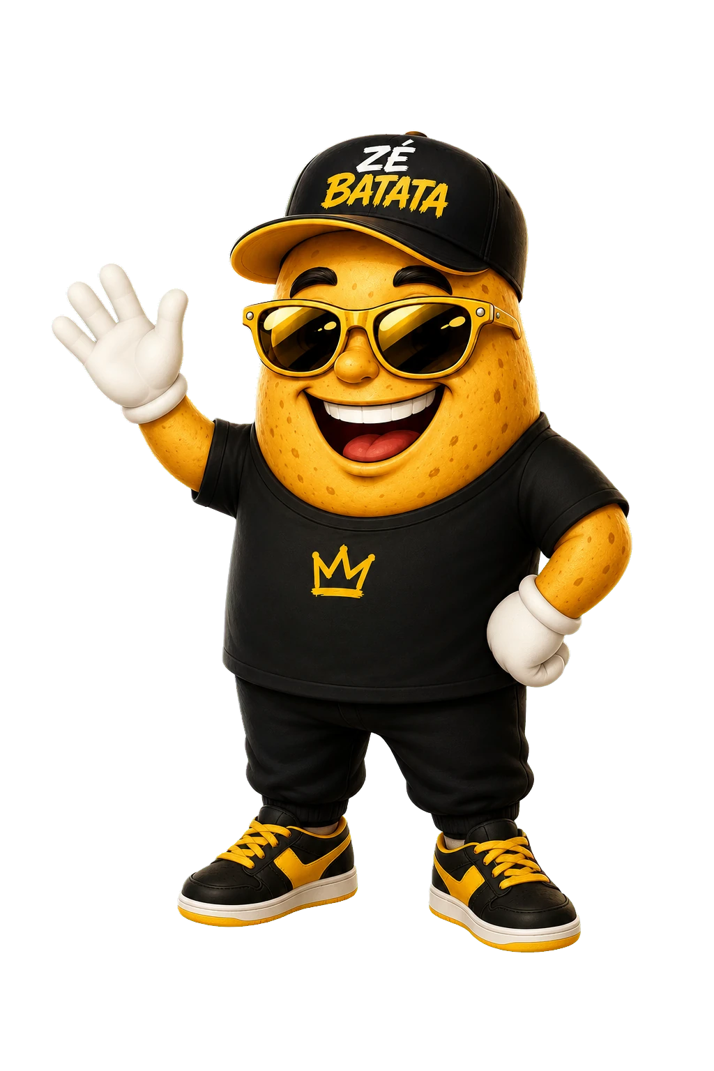 Zé Batata em corpo inteiro, sorrindo e acenando com a mão